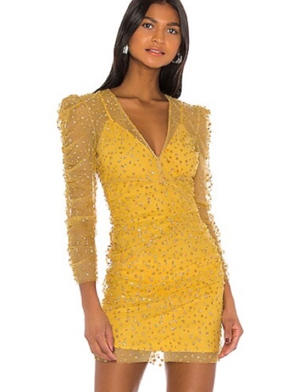 Reve Riche Yala cardinal Yellow V-Neck Long Sleeve glitter mesh Mini Dress 38